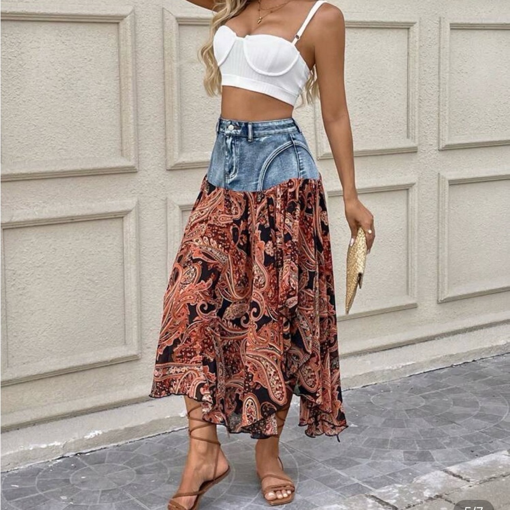 LAST ONE Blue and Orange Tiered Maxi Skirt